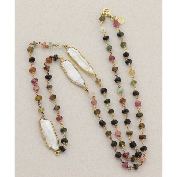 Unbranded Jewelry - Gold Over Sterling Silver Natural Tourmaline and Keshi Pearl Necklace 24"